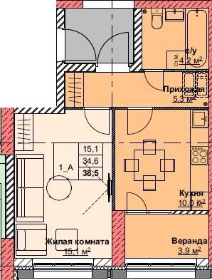 Доступные планировки в ЖК Каштановый двор, 38,5 м2